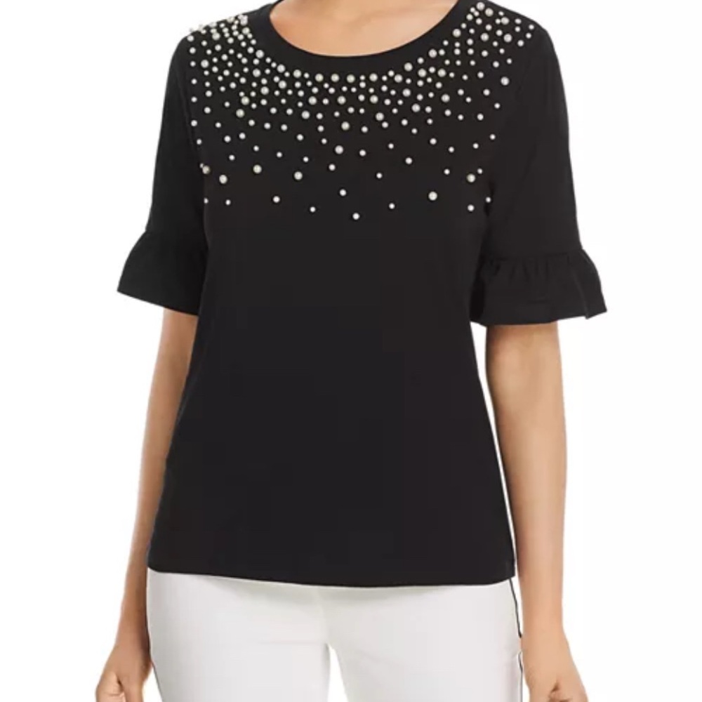 Karl Lagerfeld Black and White Embellished Bell Sleeve Blouse